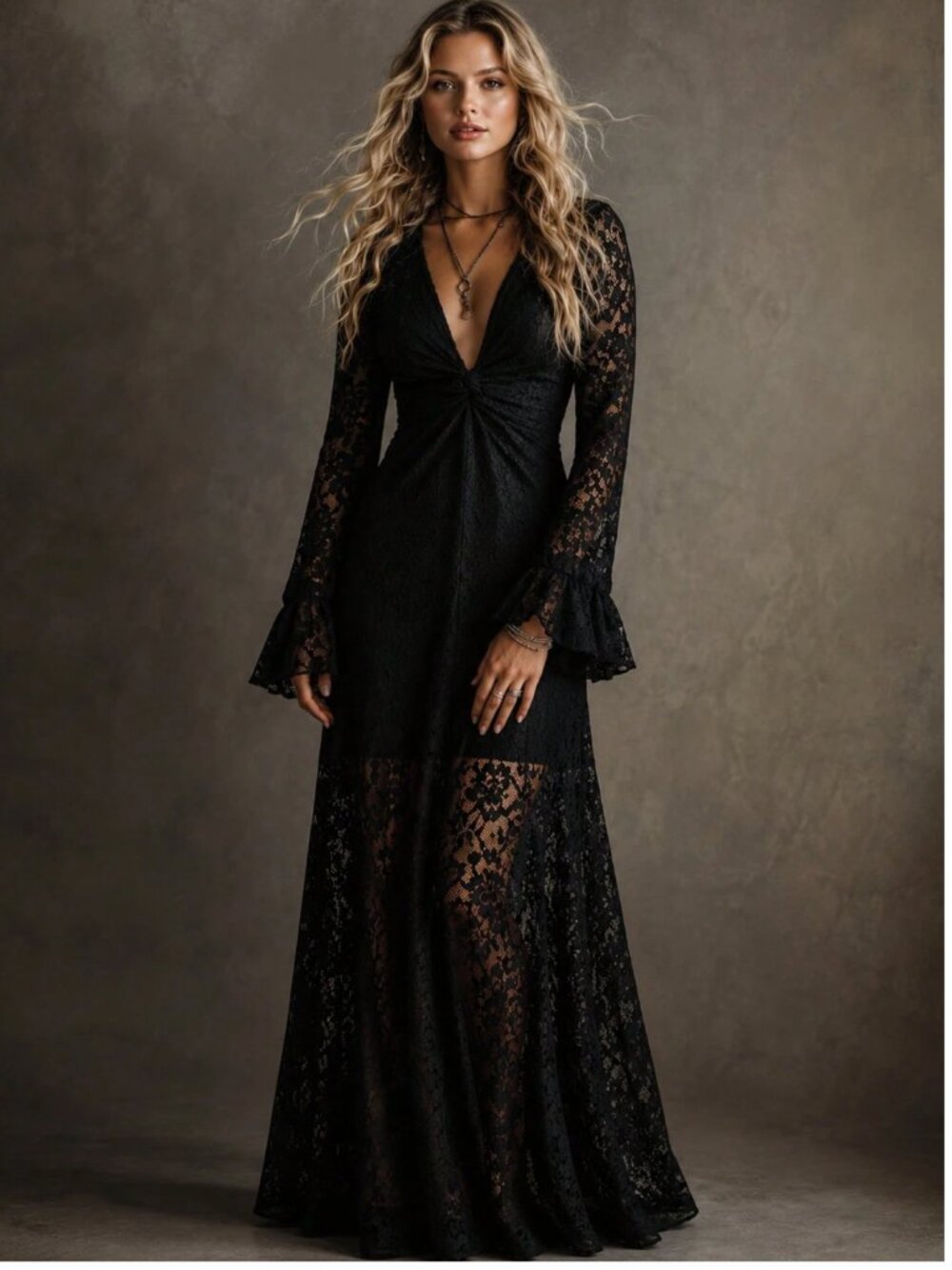 Black Lace Maxi Dress Plunging V-Neck Mermaid Hem Bell Sleeves Gothic Glam